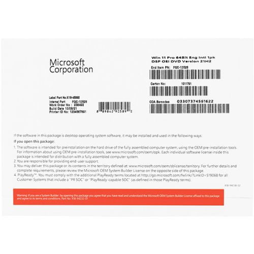 Phần mềm Microsoft Windows Pro 11 64Bit Eng Intl 1pk DSP OEI DVD FQC-10528